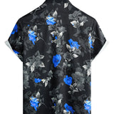 Chemise en Coton d'Été Décontractée pour Homme à Fleurs Bleue à Manches Courtes avec Boutons pour Vacances à la Plage