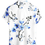 Chemise en Coton d'Été à Manches Courtes avec Imprimé Floral Bleu Décontractée pour Homme