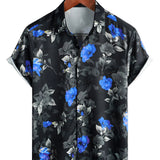 Chemise en Coton d'Été Décontractée pour Homme à Fleurs Bleue à Manches Courtes avec Boutons pour Vacances à la Plage