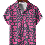Chemise en Coton d'Été pour Homme avec Imprimé de Crâne Rose et Marguerites, Boutons, à Manches Courtes pour les Vacances