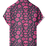 Chemise en Coton d'Été pour Homme avec Imprimé de Crâne Rose et Marguerites, Boutons, à Manches Courtes pour les Vacances