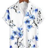 Chemise en Coton d'Été à Manches Courtes avec Imprimé Floral Bleu Décontractée pour Homme