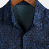 Chemise à Manches Courtes en Coton Boho Géométrique Tribal en Bleu Marine pour Homme