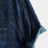 Chemise à Manches Courtes en Coton Boho pour Homme en Bleu Marine avec Imprimé Tribal Géométrique