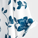 Chemise en Coton pour Homme Bleu Floral d'Été avec Boutons et Manches Courtes