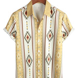 Chemise en Coton pour Homme Vintage à Rayures Verticales à Manches Courtes Style Rétro des Années 70 avec Imprimé Aztèque