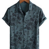 Chemise à Manches Courtes en Coton Vintage pour Homme avec Imprimé Floral Bleu