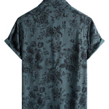 Chemise à Manches Courtes en Coton Vintage pour Homme avec Imprimé Floral Bleu