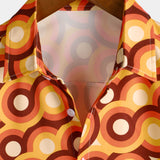 Chemise en Coton pour Homme Orange Rétro des Années 70, Bouton en Haut, Vintage, Géométrique, Circulaire, d'Été, à Manches Courtes