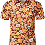 Chemise en Coton d'Été à Manches Courtes avec Boutons de Fleurs Vintage pour Homme, Thème Disco des Années 70
