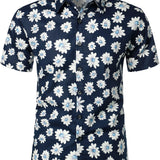 Chemise à Manches Courtes en Coton Hawaïenne pour Homme en Bleu Marine avec Marguerites
