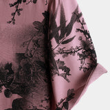 Chemise à manches courtes en coton hawaïenne florale rose pour hommes en bambou