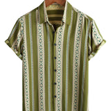 Chemise Retro en Coton à Boutons pour Homme avec Imprimé Aztèque des Années 70 en Vert Rayé et Manches Courtes