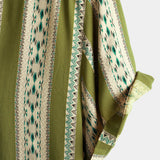Chemise Retro en Coton à Boutons pour Homme avec Imprimé Aztèque des Années 70 en Vert Rayé et Manches Courtes