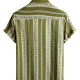 Chemise Retro en Coton à Boutons pour Homme avec Imprimé Aztèque des Années 70 en Vert Rayé et Manches Courtes