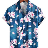 Chemise Casual en Coton à Manches Courtes avec Imprimé Floral pour Homme, Boutons, Col Classique, Bleu Marine, Été