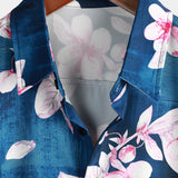 Chemise Casual en Coton à Manches Courtes avec Imprimé Floral pour Homme, Boutons, Col Classique, Bleu Marine, Été