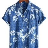 Chemise en Coton de Plage Tropicale Hawaïenne pour Homme à Manches Courtes avec Boutons en Bleu Floral Vintage
