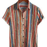 Chemise en Coton pour Homme Casual Rétro à Rayures Multicolores avec Boutons à Manches Courtes