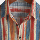Chemise en Coton pour Homme Casual Rétro à Rayures Multicolores avec Boutons à Manches Courtes