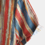 Chemise en Coton pour Homme Casual Rétro à Rayures Multicolores avec Boutons à Manches Courtes