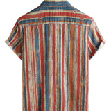 Chemise en Coton pour Homme Casual Rétro à Rayures Multicolores avec Boutons à Manches Courtes