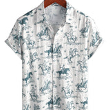 Chemise en Coton pour Homme à Imprimé Équestre, Boutons, à Manches Courtes pour les Vacances