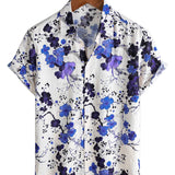Chemise en Coton pour Homme Rétro Bleue avec Fleurs d'Été à Manches Courtes