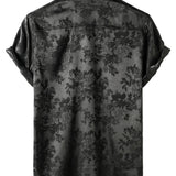 Chemise à Manches Courtes en Satin de Coton Floral Jacquard Décontractée pour Homme