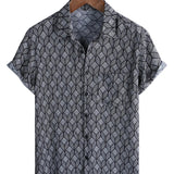 Chemise à Manches Courtes en Coton avec Poche à Motif Géométrique Noir Rétro pour Homme