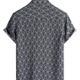 Chemise à Manches Courtes en Coton avec Poche à Motif Géométrique Noir Rétro pour Homme
