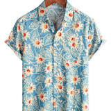 Chemise Florale en Coton Hawaïenne Rétro pour Homme, de Vacances, Boutons, Bleu, à Manches Courtes