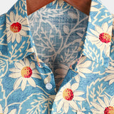 Chemise Florale en Coton Hawaïenne Rétro pour Homme, de Vacances, Boutons, Bleu, à Manches Courtes
