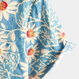 Chemise Florale en Coton Hawaïenne Rétro pour Homme, de Vacances, Boutons, Bleu, à Manches Courtes