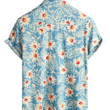 Chemise Florale en Coton Hawaïenne Rétro pour Homme, de Vacances, Boutons, Bleu, à Manches Courtes