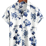 Chemise Hawaïenne en Coton avec Imprimé Floral Bleu pour Homme, à Manches Courtes, avec Boutons et Col Blanc