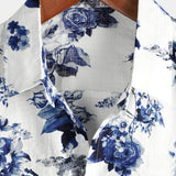 Chemise Hawaïenne en Coton avec Imprimé Floral Bleu pour Homme, à Manches Courtes, avec Boutons et Col Blanc