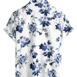 Chemise Hawaïenne en Coton avec Imprimé Floral Bleu pour Homme, à Manches Courtes, avec Boutons et Col Blanc