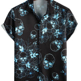 Chemise à Manches Courtes en Coton avec Boutons de Crâne Floral Bleu Décontractée pour Homme