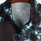 Chemise à Manches Courtes en Coton avec Boutons de Crâne Floral Bleu Décontractée pour Homme