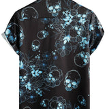 Chemise à Manches Courtes en Coton avec Boutons de Crâne Floral Bleu Décontractée pour Homme