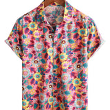 Chemise en Coton pour Homme Hawaïenne à Boutons Rose Floral à Manches Courtes pour l'Été