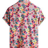 Chemise en Coton pour Homme Hawaïenne à Boutons Rose Floral à Manches Courtes pour l'Été