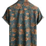 Chemise en Coton d'Été Bleue à Boutons Rétro Florale Vintage pour Homme