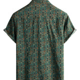 Chemise en Coton pour Homme Vintage Imprimé Paisley des Années 70, Vert, Boho, Rétro, Tribal, à Manches Courtes
