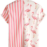 Chemise à Manches Courtes en Coton avec Imprimé Flamant Rose et Rayures pour Homme