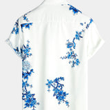 Chemise Casual en Coton à Manches Courtes avec Boutons pour Homme en Bleu avec Imprimé Floral