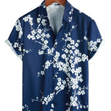 Chemise Casual en Coton à Manches Courtes avec Col en Imprimé Floral pour Homme en Bleu Marine Vintage
