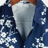 Chemise Casual en Coton à Manches Courtes avec Col en Imprimé Floral pour Homme en Bleu Marine Vintage