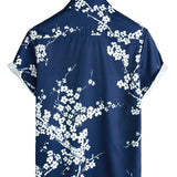 Chemise Casual en Coton à Manches Courtes avec Col en Imprimé Floral pour Homme en Bleu Marine Vintage